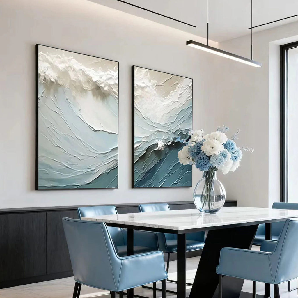 Modern abstract ocean wall art with textured details, blue tones, dining room decor at Lumi Gallery