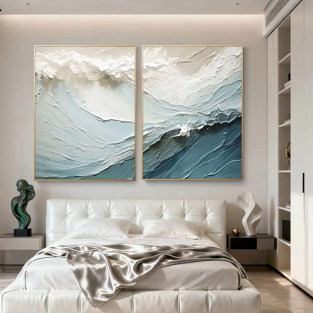 Lumi Gallery modern abstract ocean wall art with textured paint in bedroom