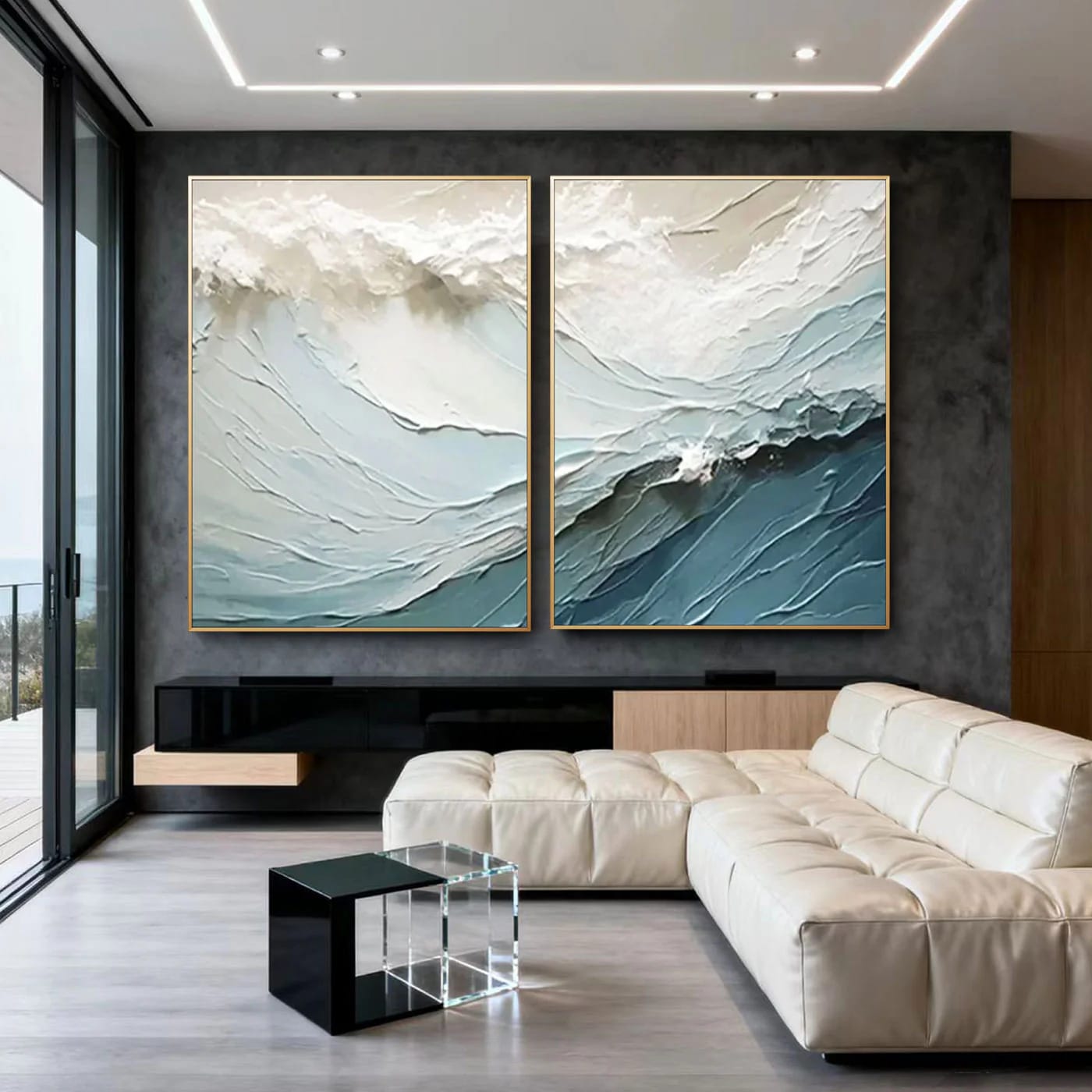 Modern abstract ocean wall art 'Ocean Resonance' with textured canvas, gold frames, in contemporary living room