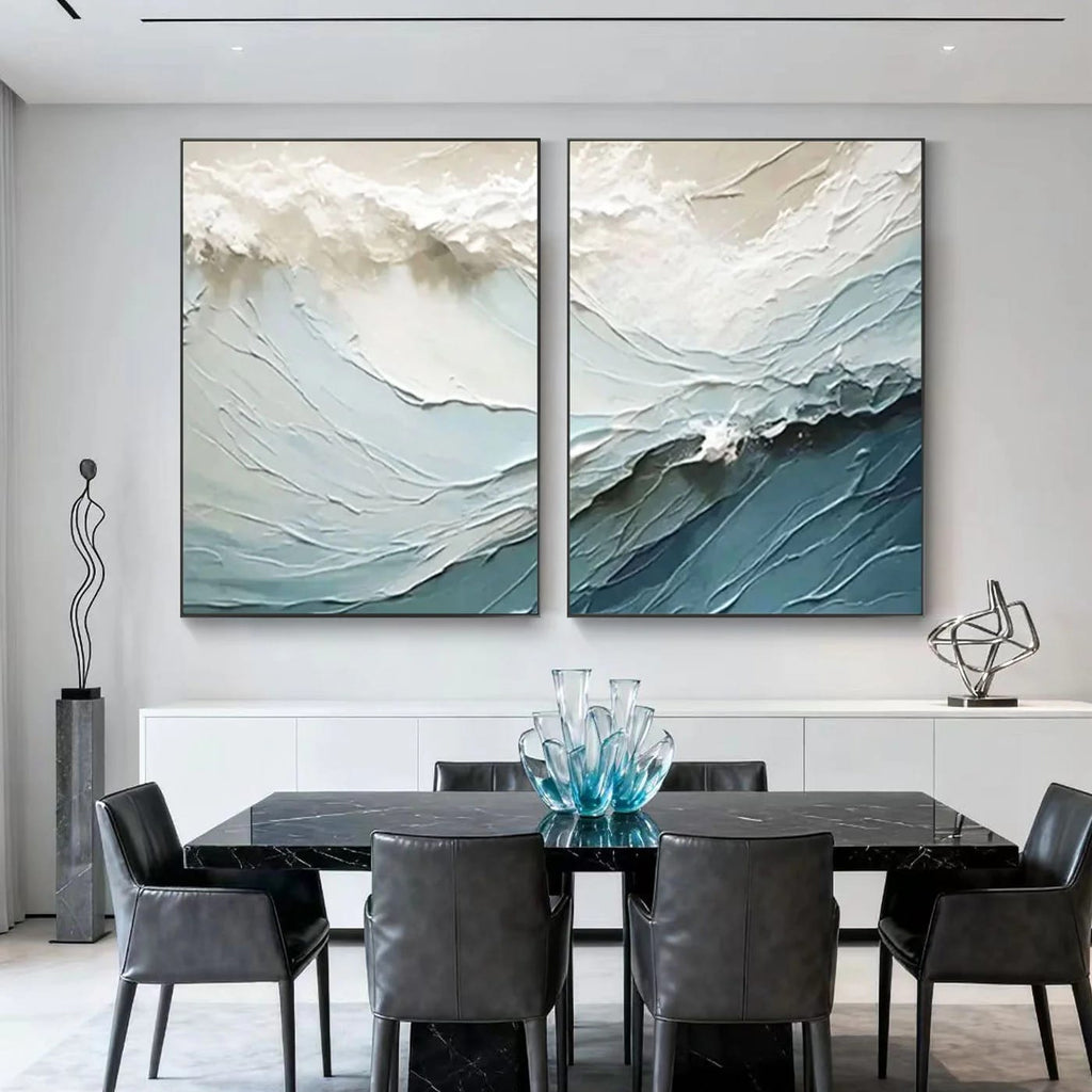 Modern abstract ocean canvas wall art in dining room with textured waves
