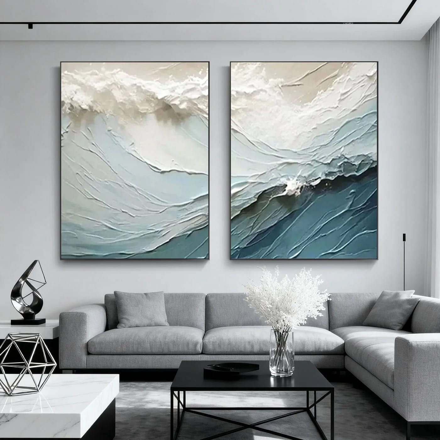 Abstract ocean wave wall art in modern living room with textured canvas, blue/white tones, eco-friendly paint by Lumi Gallery