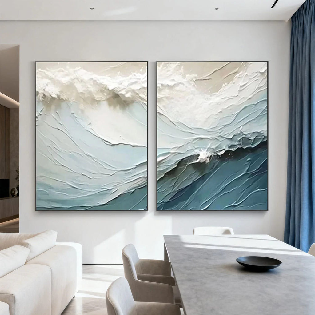 Textured hand-painted modern abstract ocean wave canvas art in contemporary living room