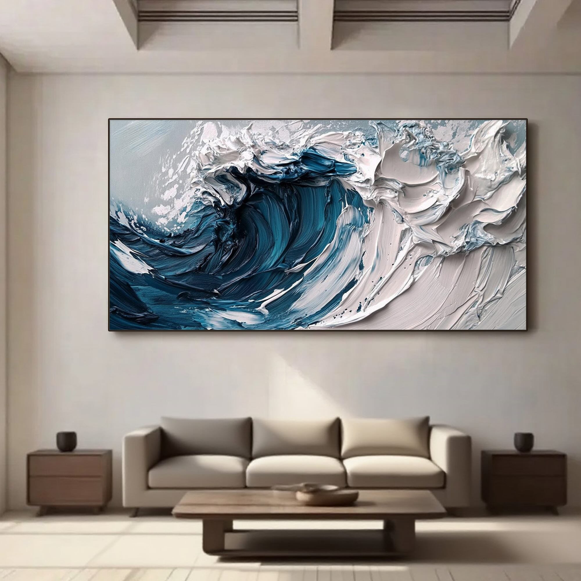Close-up of Tideform framed canvas art showing premium stretched options.