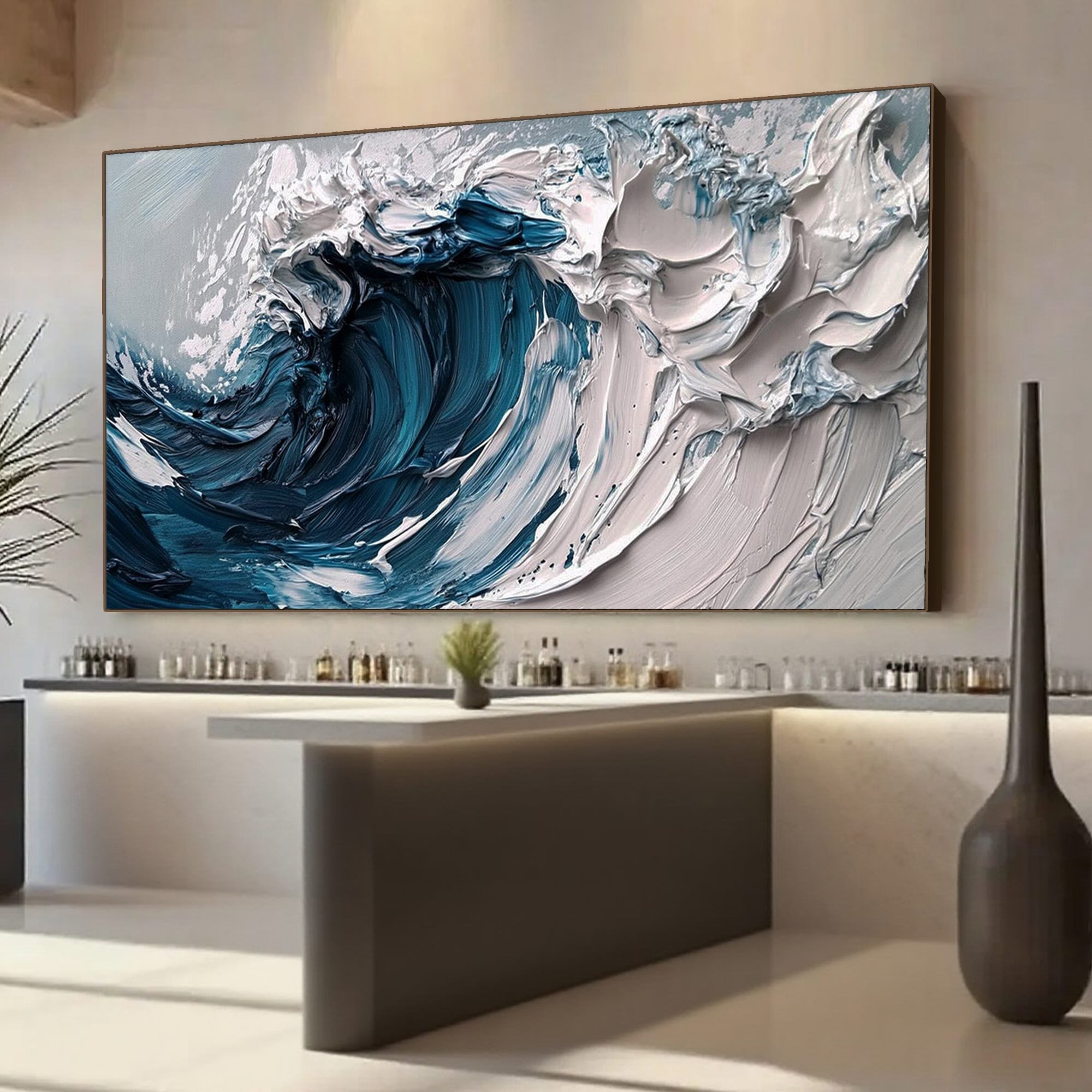 Modern ocean wave canvas art displayed in a stylish bar setting.