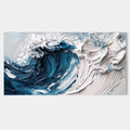 Hand-painted ocean wave art on canvas with thick blue and white impasto.