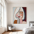 Hand-painted abstract portrait 'Inner Pause' by Lumi Gallery, colorful textured canvas in bedroom