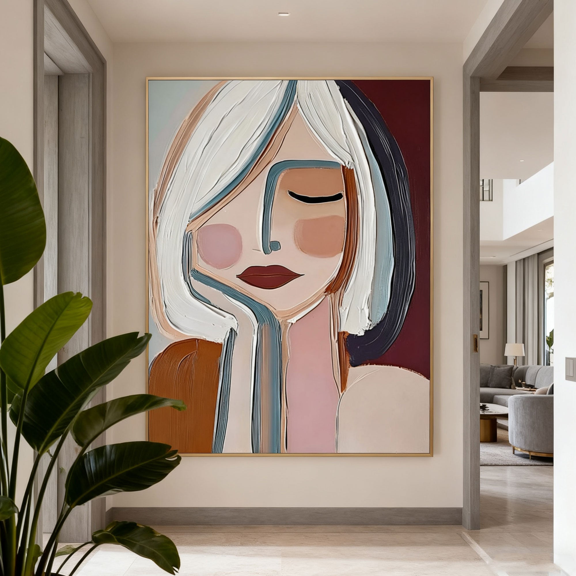 Modern abstract portrait painting 'Inner Pause' by Lumi Gallery with colorful textured brushstrokes, framed in gold, displayed in contemporary living room