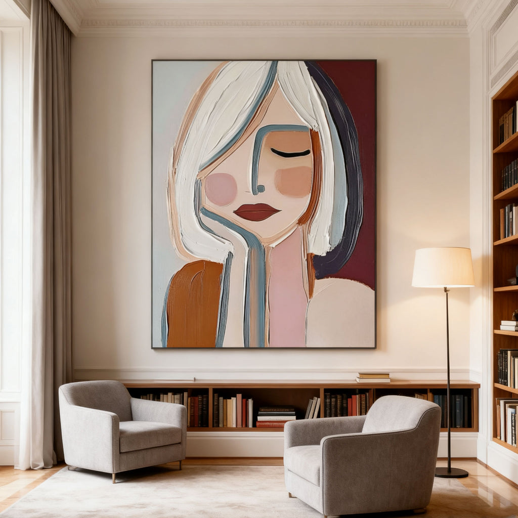 Lumi Gallery's Modern Abstract Portrait 'Inner Pause' with textured brushstrokes in elegant living room