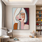 Modern abstract portrait painting 'Inner Pause' by Lumi Gallery with white/blue hair, maroon background in living room