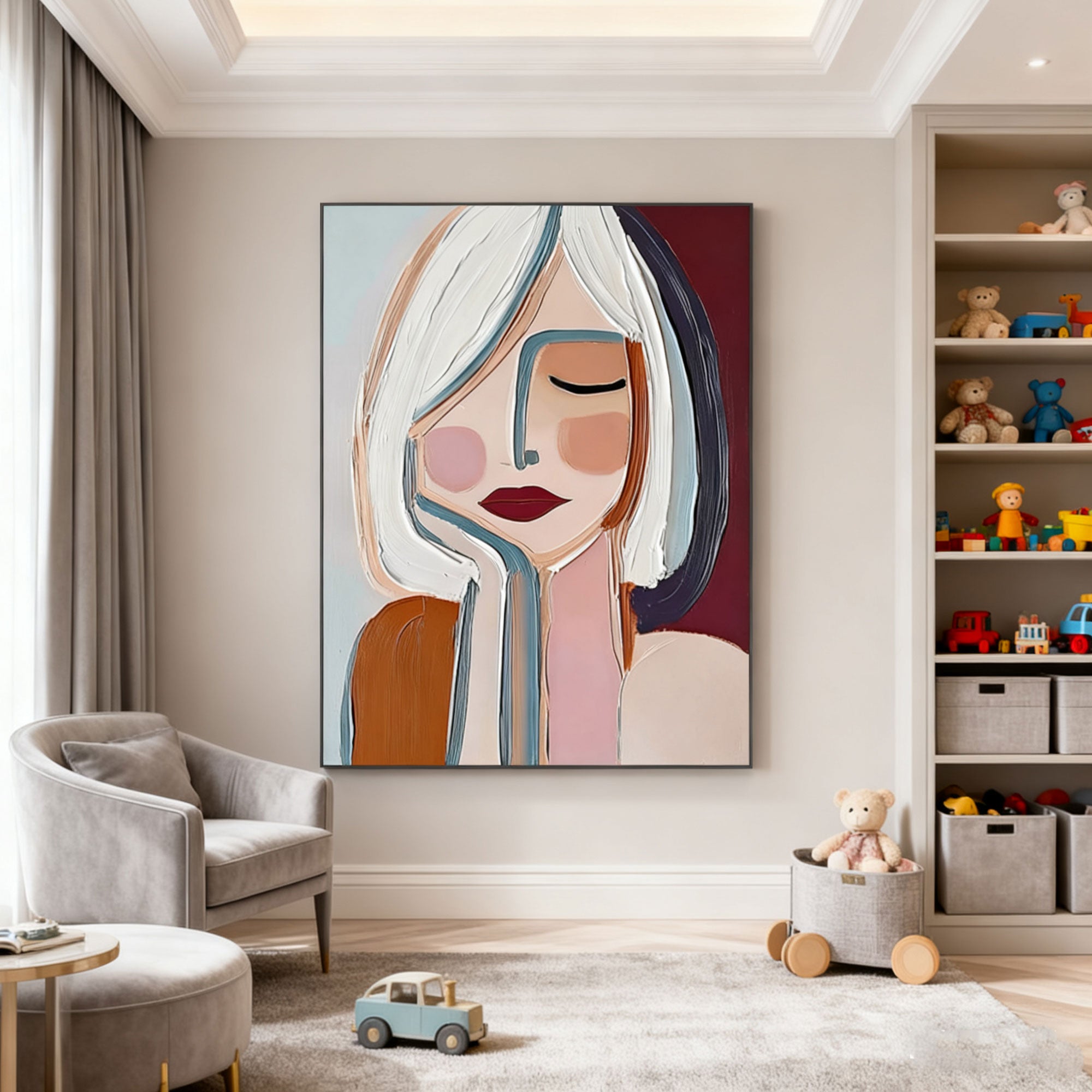 Modern abstract portrait painting 'Inner Pause' by Lumi Gallery with white/blue hair, maroon background in living room
