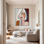 Modern abstract portrait painting 'Inner Pause' with colorful brushstrokes in stylish living room