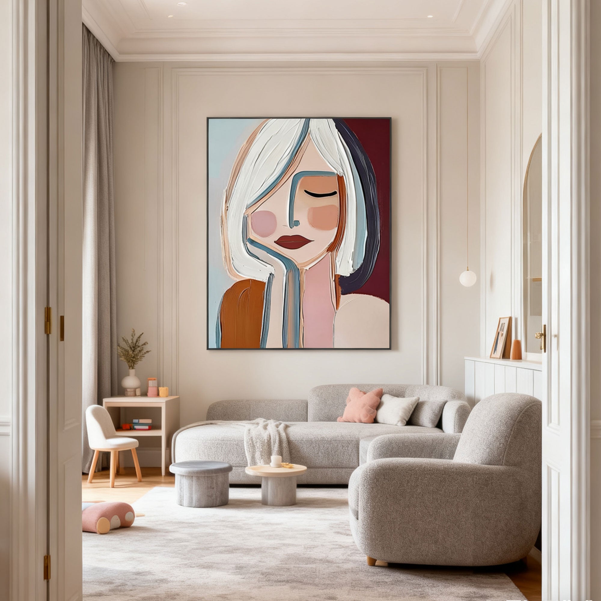 Modern abstract portrait painting 'Inner Pause' with colorful brushstrokes in stylish living room