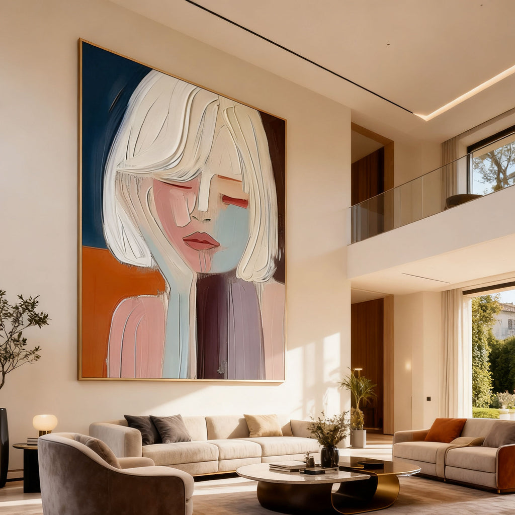 Abstract portrait with closed gaze - colorful hand-painted wall art by Lumi Gallery in contemporary living room