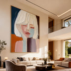 Abstract portrait with closed gaze - colorful hand-painted wall art by Lumi Gallery in contemporary living room