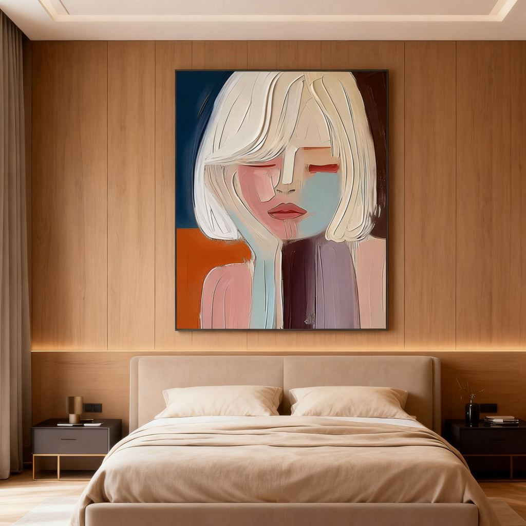 Modern abstract portrait with closed gaze, hand-painted in bold blues, oranges, pinks, and purples, displayed on wooden wall above bed in contemporary bedroom.