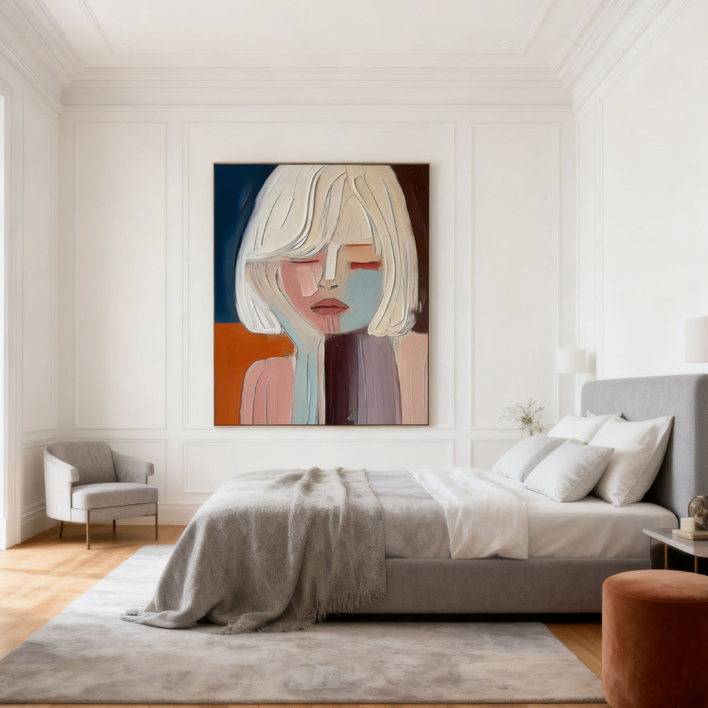 Lumi Gallery modern abstract portrait wall art with closed gaze, colorful textured canvas, hangs above bed in bright bedroom