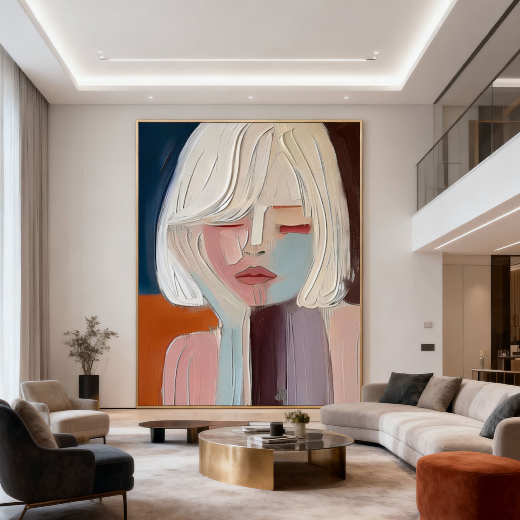 Modern abstract portrait with closed gaze, colorful textured canvas art by Lumi Gallery in contemporary living room