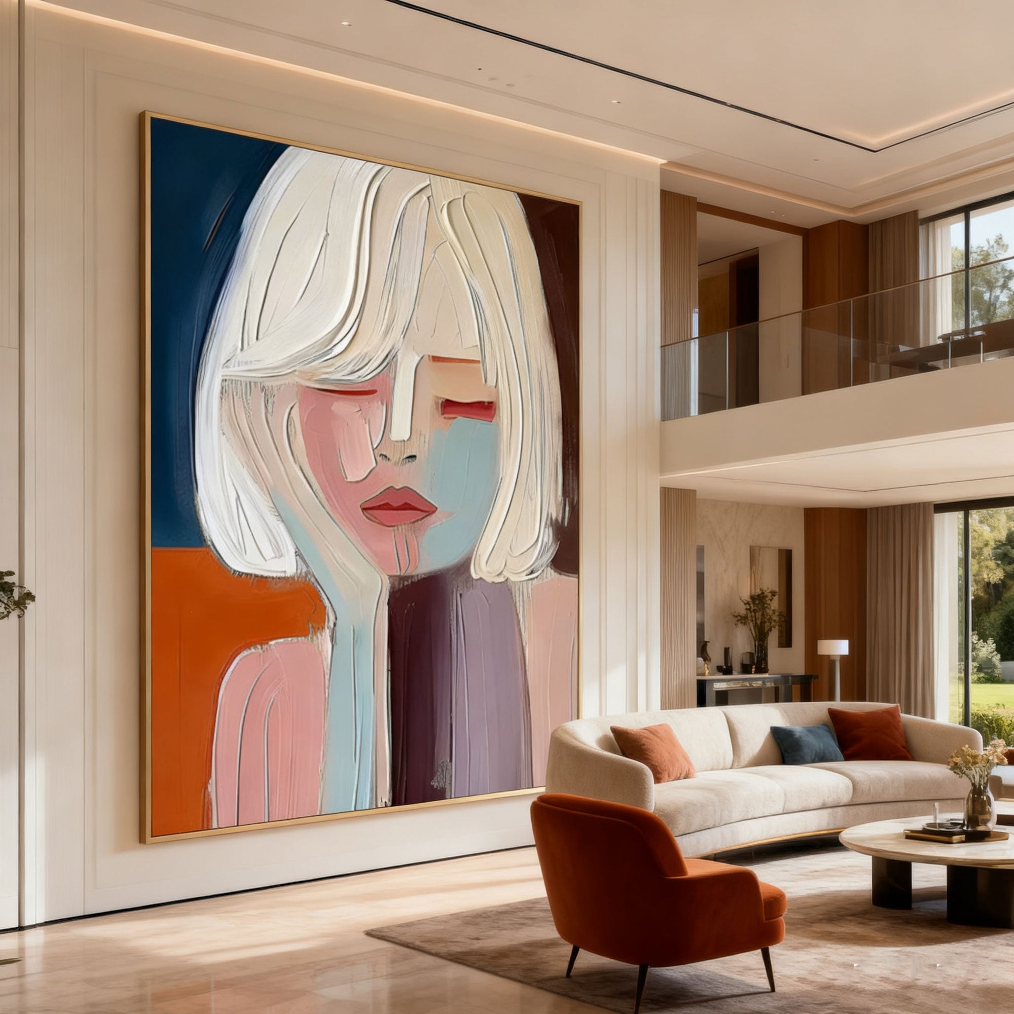 Modern abstract portrait wall art with colorful sections in contemporary living room
