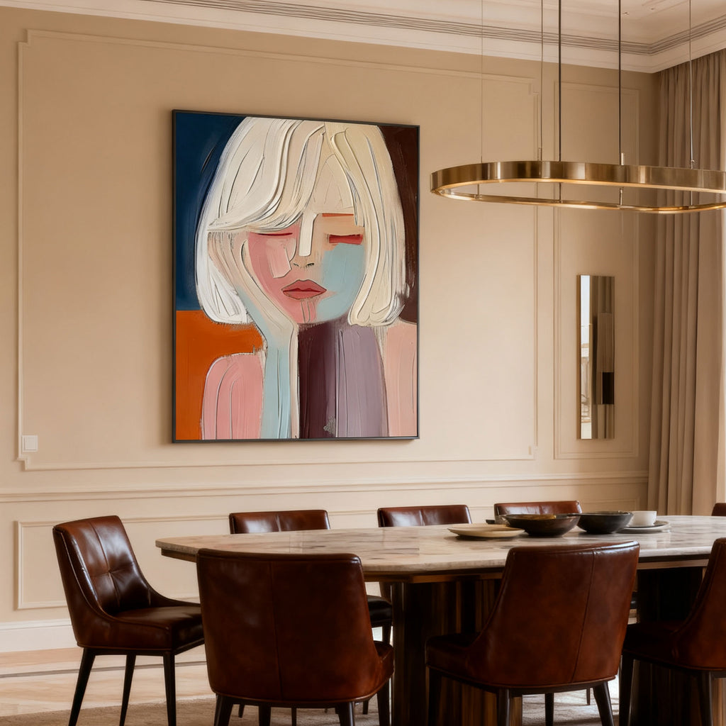 Modern abstract portrait wall art with colorful textured brushstrokes in dining room