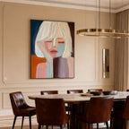 Modern abstract portrait wall art with colorful textured brushstrokes in dining room