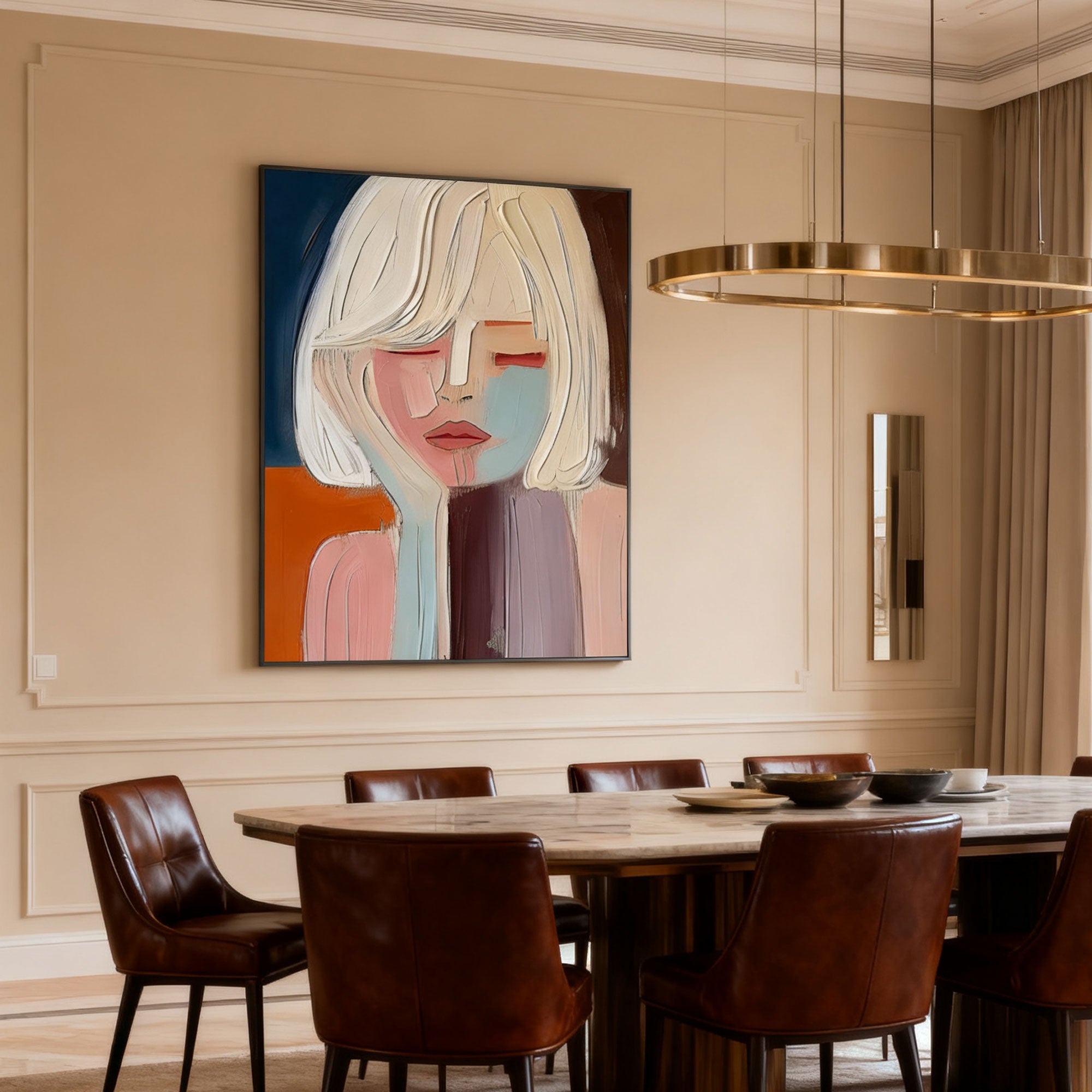 Modern abstract portrait wall art with colorful textured brushstrokes in dining room