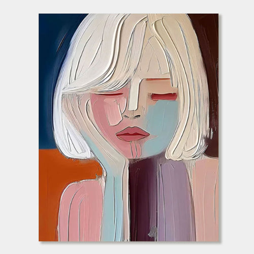 Modern abstract portrait wall art with closed gaze, hand-painted canvas by Lumi Gallery