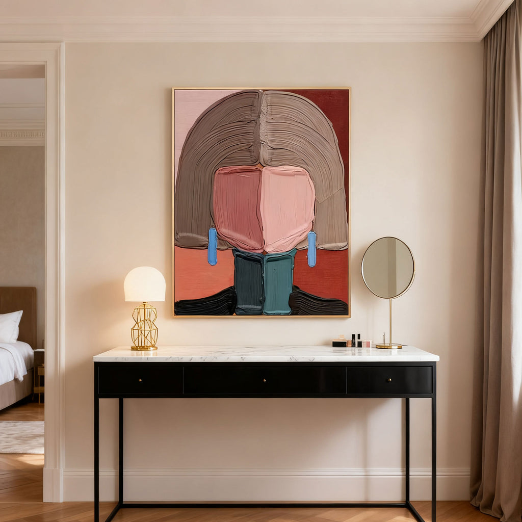 Modern abstract portrait wall art with textured brushstrokes in warm colors at Lumi Gallery