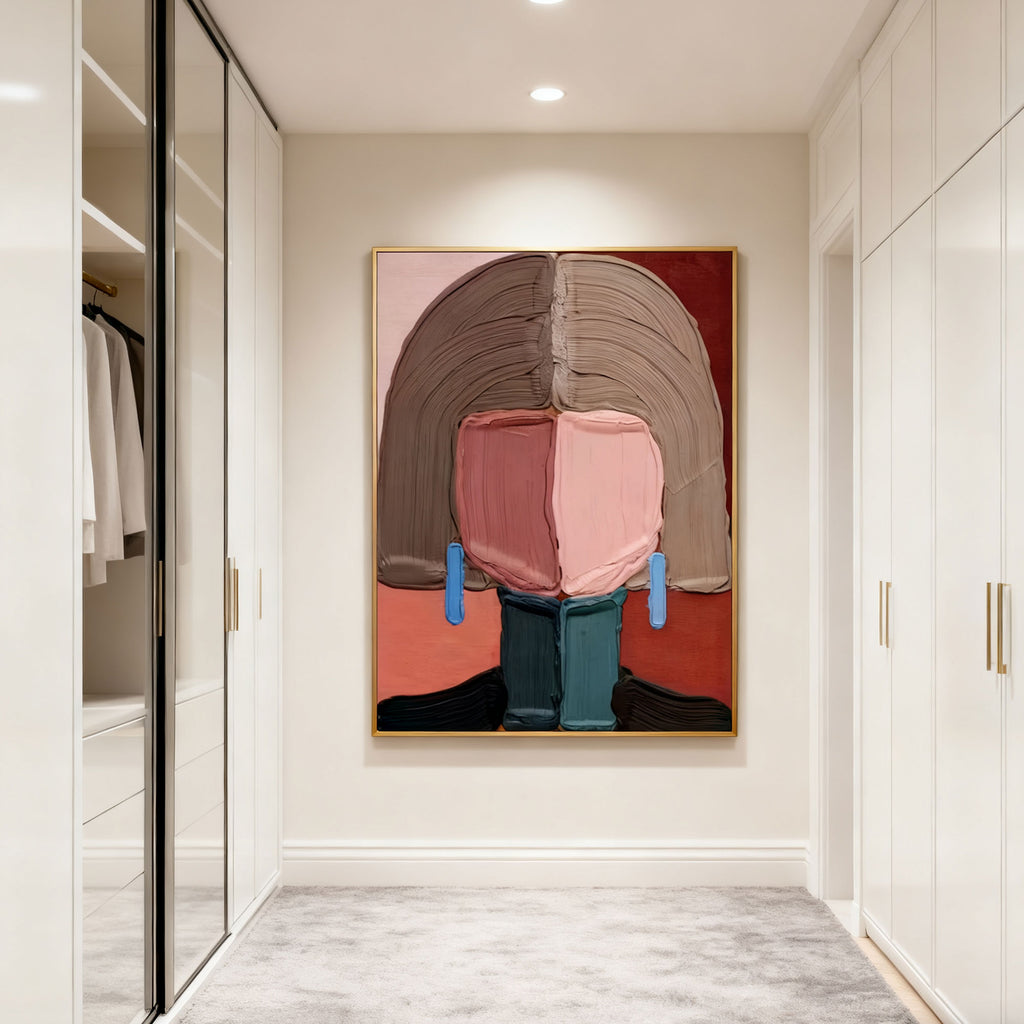 Lumi Gallery hand-painted modern abstract portrait wall art 'Quiet Figure' with pink, brown, red, blue accents, gold frame, in contemporary hallway