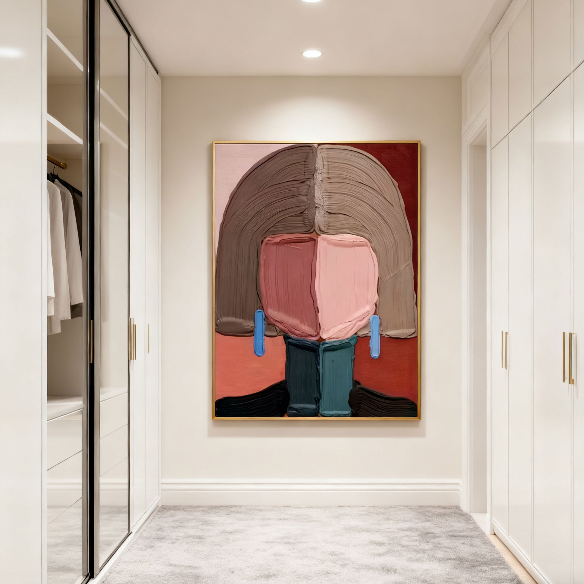Lumi Gallery hand-painted modern abstract portrait wall art 'Quiet Figure' with pink, brown, red, blue accents, gold frame, in contemporary hallway