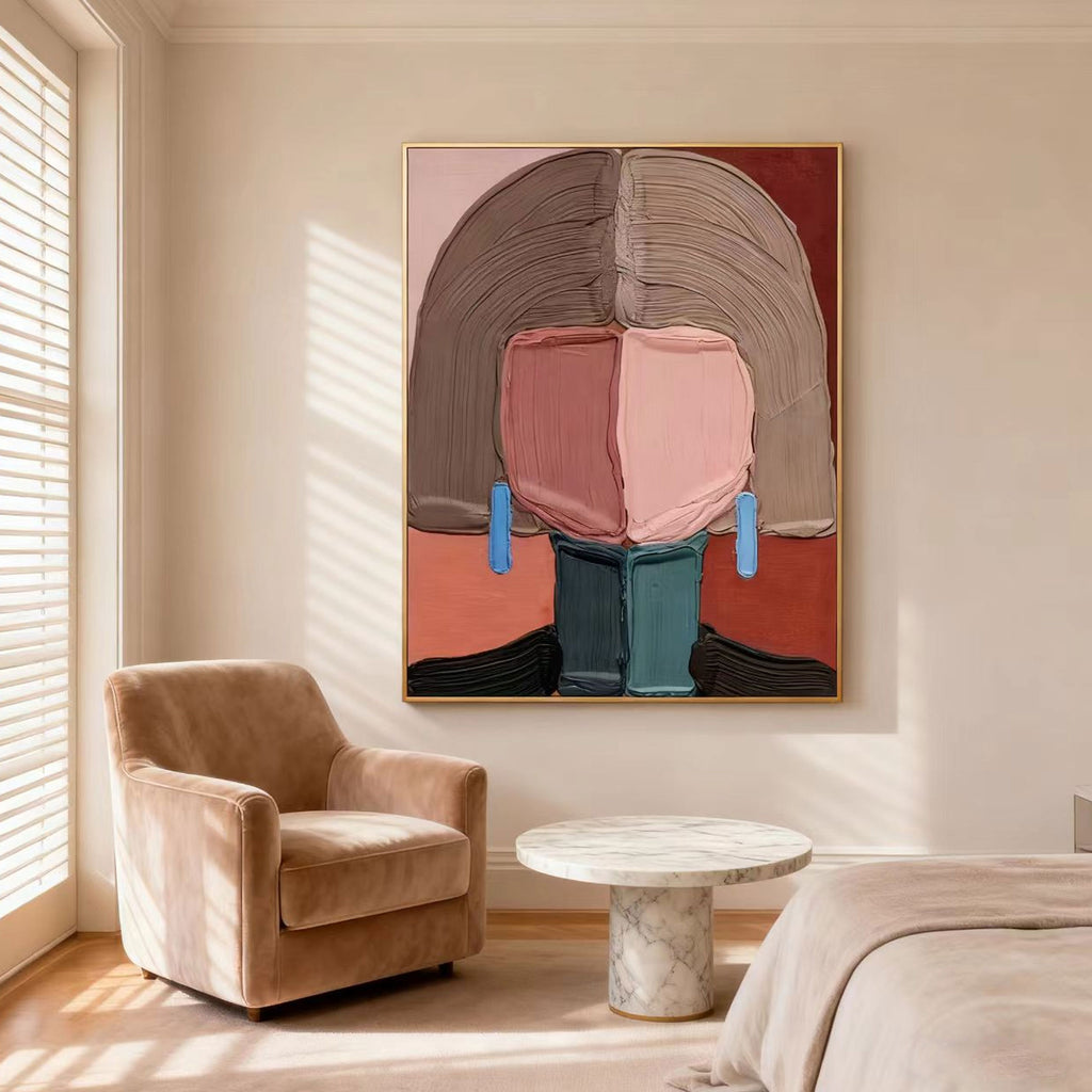 Hand-painted abstract portrait wall art with pink, brown, red, blue; framed canvas in bedroom decor