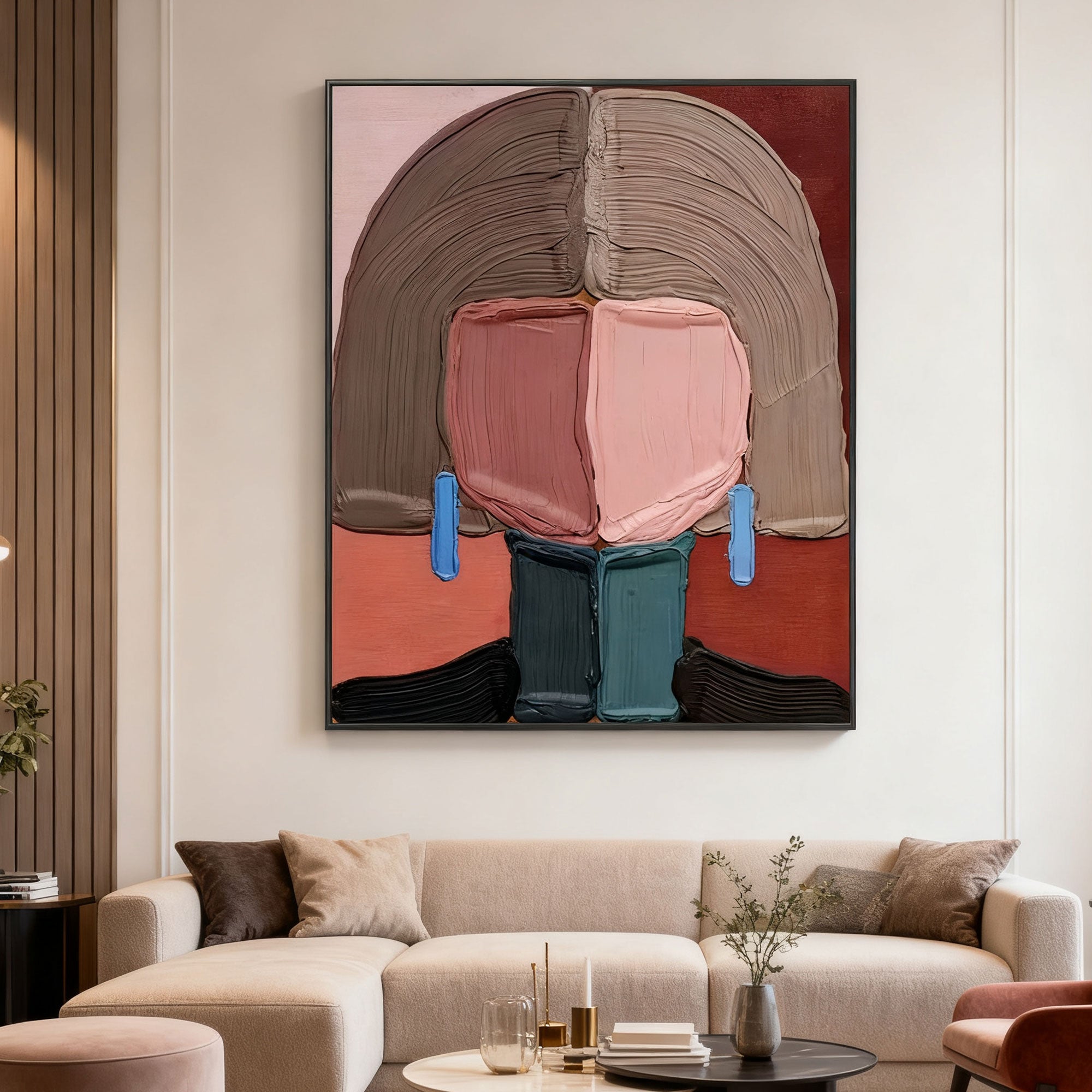 Modern abstract portrait wall art with textured brushstrokes, earth tones, framed, in contemporary living room