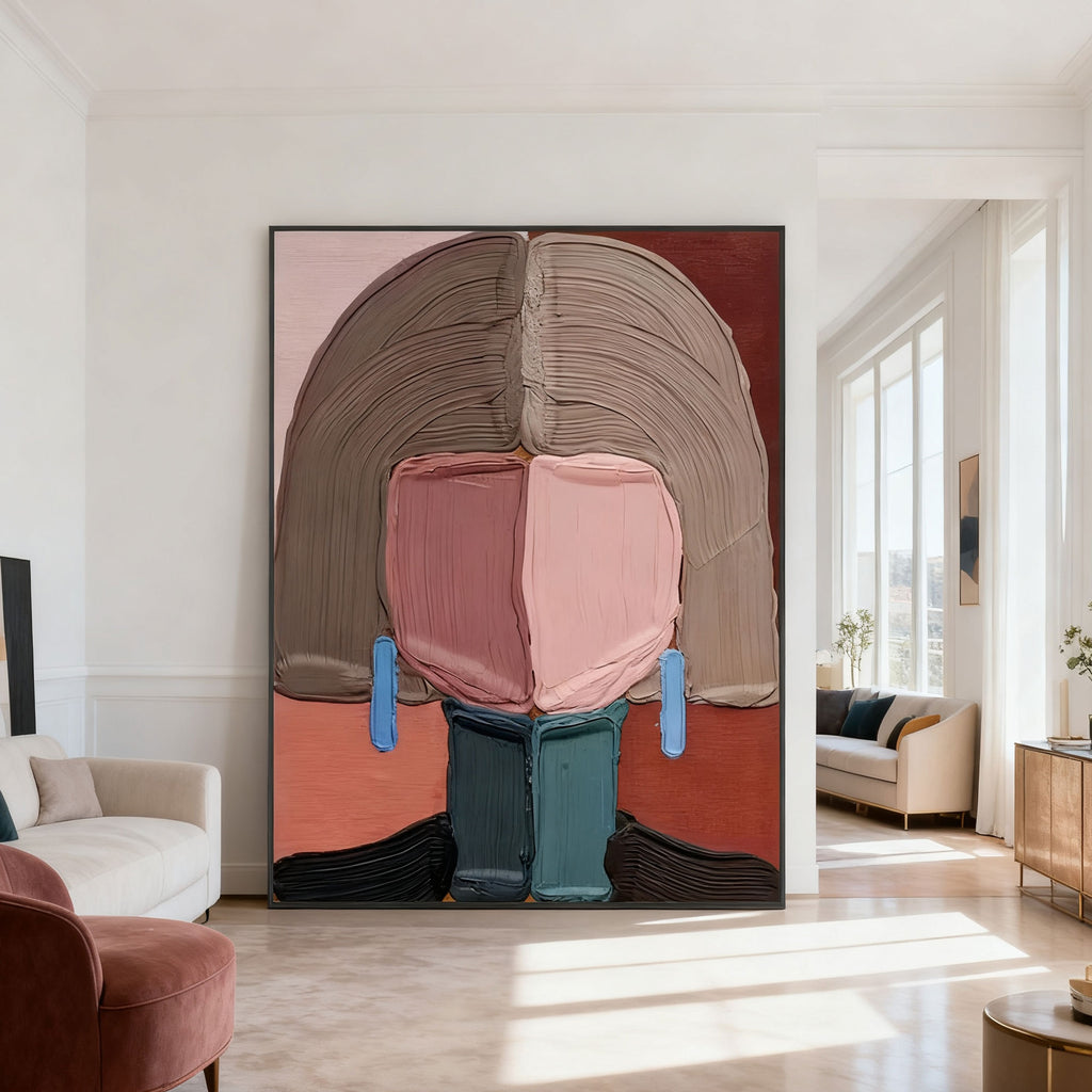 Modern abstract portrait 'Quiet Figure' with textured brushstrokes in earthy browns, soft pinks, vibrant blues, and deep teals, displayed in a bright living room.