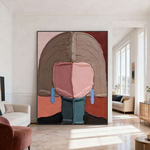 Modern abstract portrait 'Quiet Figure' with textured brushstrokes in earthy browns, soft pinks, vibrant blues, and deep teals, displayed in a bright living room.