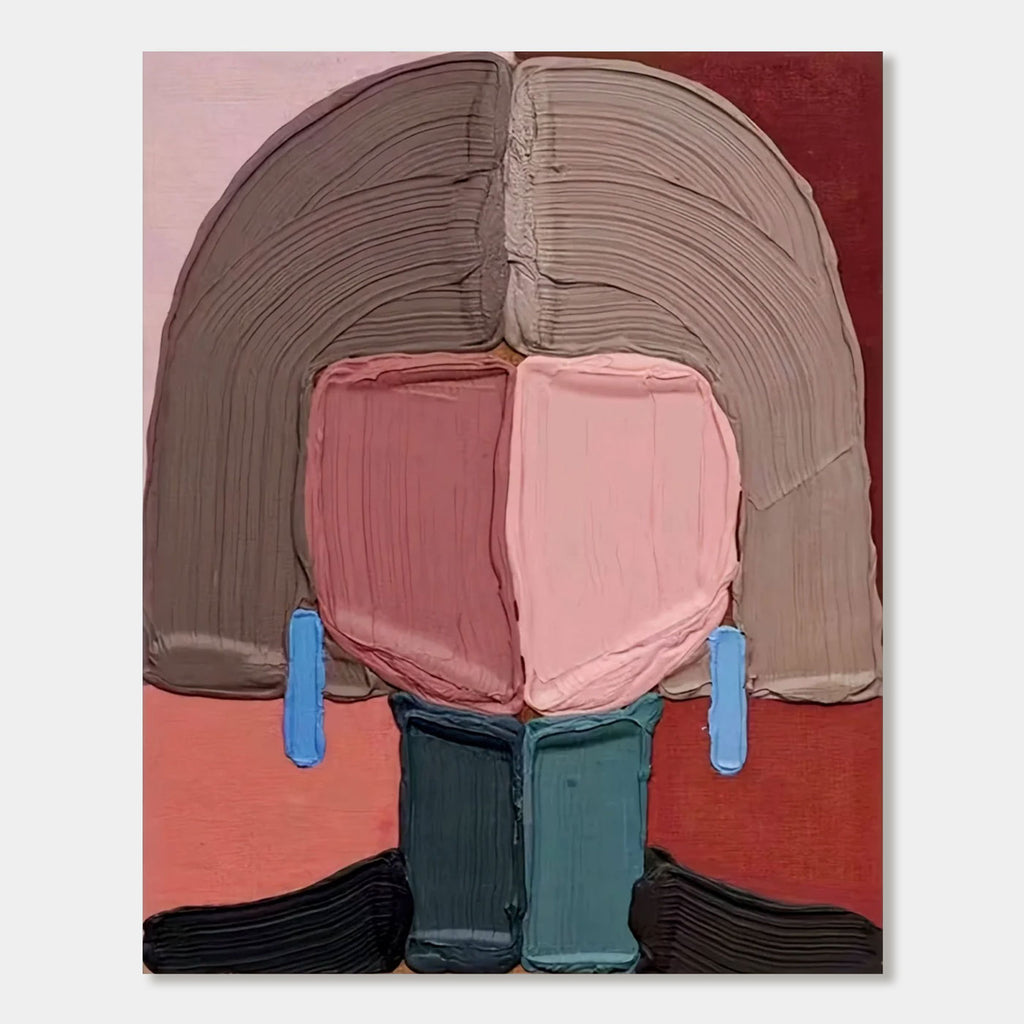 Modern abstract hand-painted portrait with textured canvas, earthy tones, pink face, blue earrings – Lumi Gallery