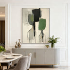 Lumi Gallery modern abstract portrait canvas wall art in dining room with black, green, beige tones