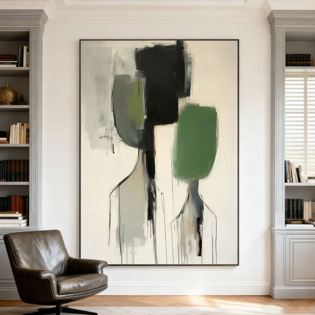 Modern abstract portrait wall art with black, green, gray tones - mounted in elegant living room with bookshelves