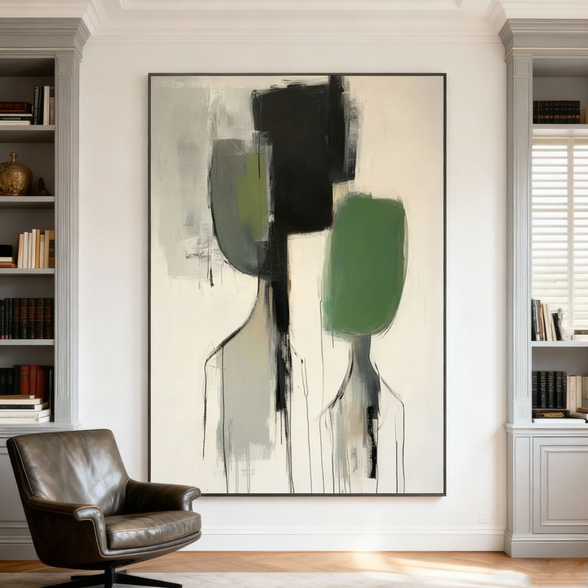 Modern abstract portrait wall art with black, green, gray tones - mounted in elegant living room with bookshelves