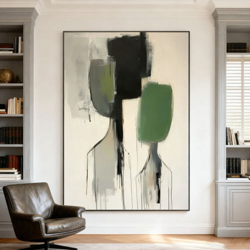 Modern abstract portrait wall art with black, green, gray tones - mounted in elegant living room with bookshelves