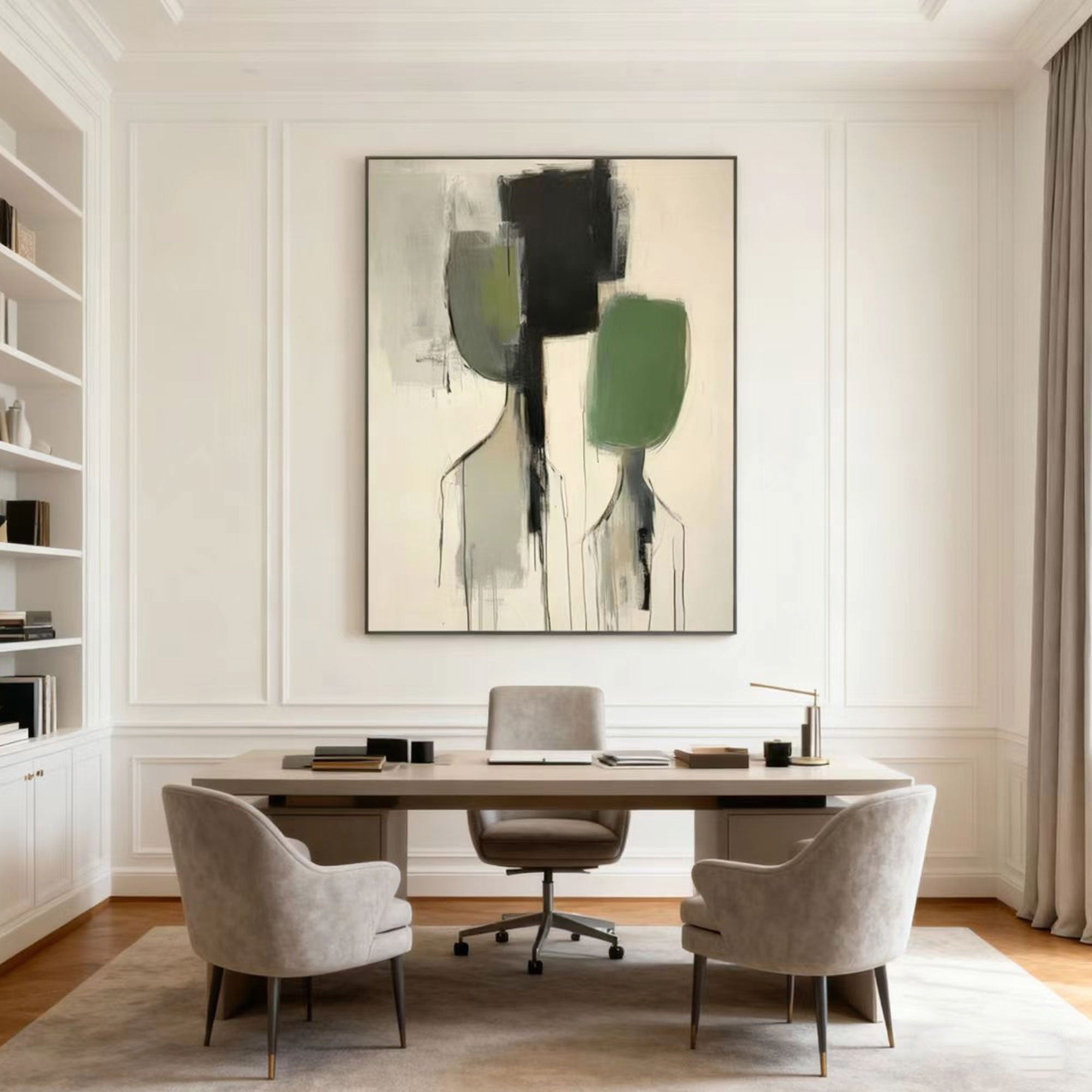 Modern abstract black-green canvas wall art in elegant office space