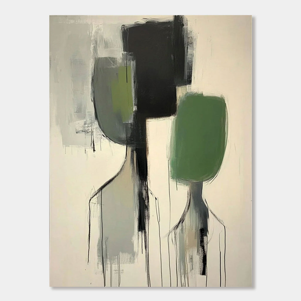 Modern abstract portrait wall art with green/black shapes, textured canvas - Lumi Gallery