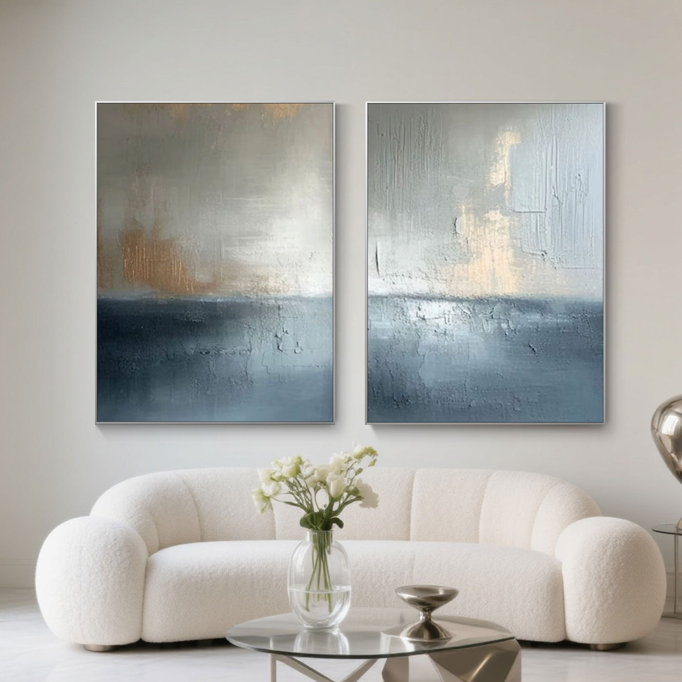Large vertical modern abstract seascape textured canvas painting set of 2 with blue and gold cool tones, metallic accents, framed in metal, perfect for contemporary living room or bedroom gallery wall decor