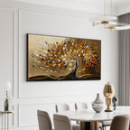 Modern Autumn Veins tree artwork above a dining table in a bright dining area.
