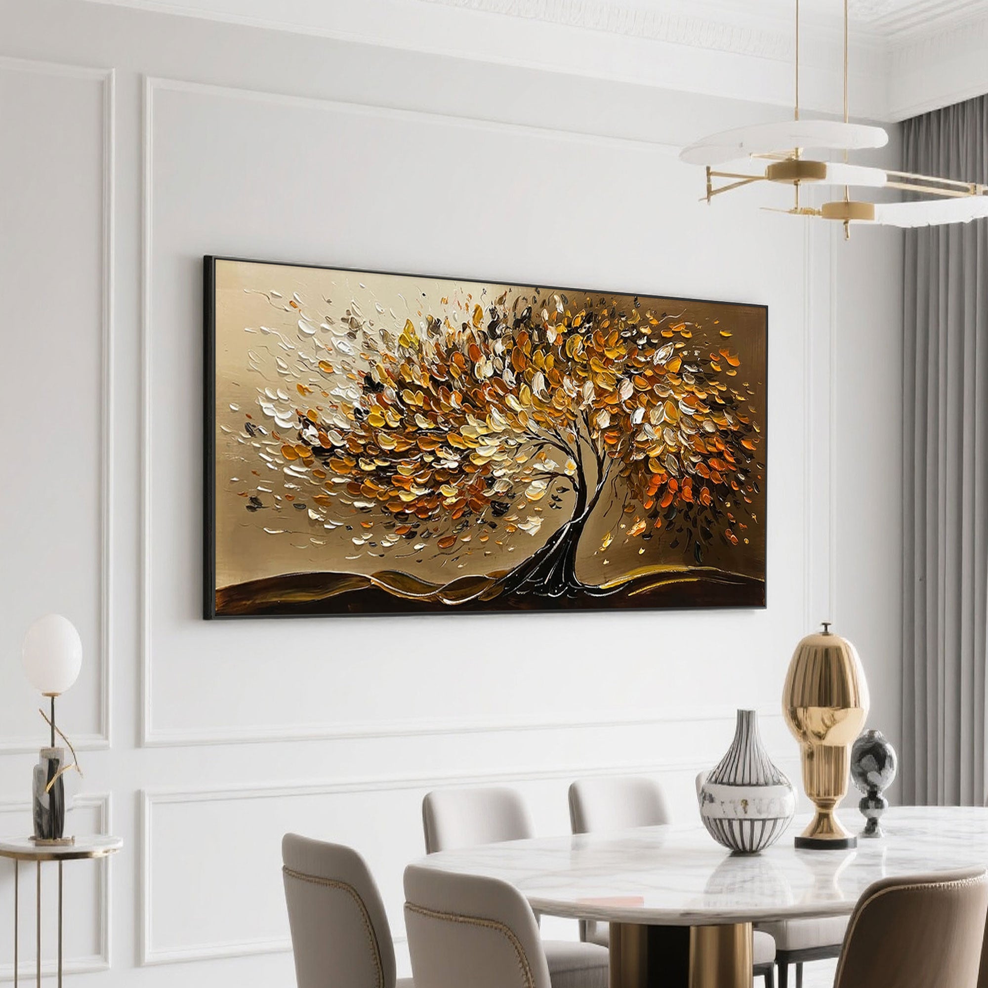 Modern Autumn Veins tree artwork above a dining table in a bright dining area.