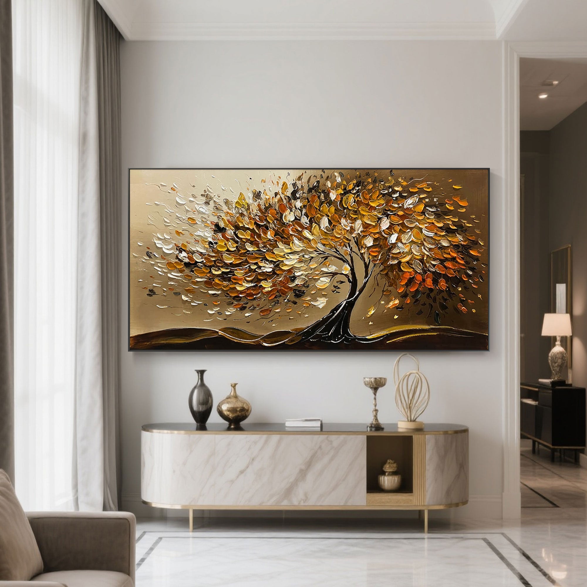 Autumn Veins tree art displayed above a console table in a neutral living space.
