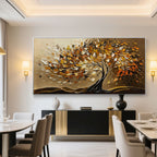 Autumn Veins modern tree art with beige and gold tones in a dining room setting.