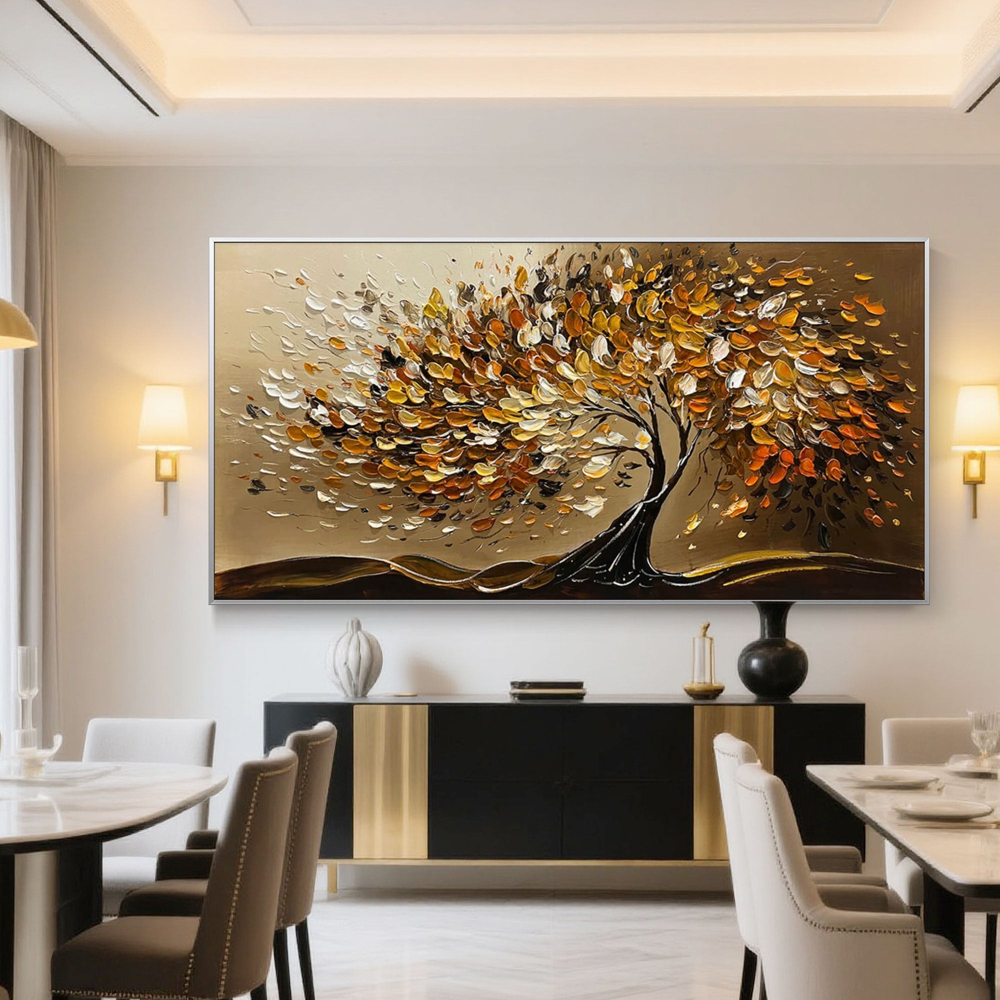 Autumn Veins modern tree art with beige and gold tones in a dining room setting.