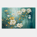Modern floral canvas art: White flowers and gold leaves on deep green.