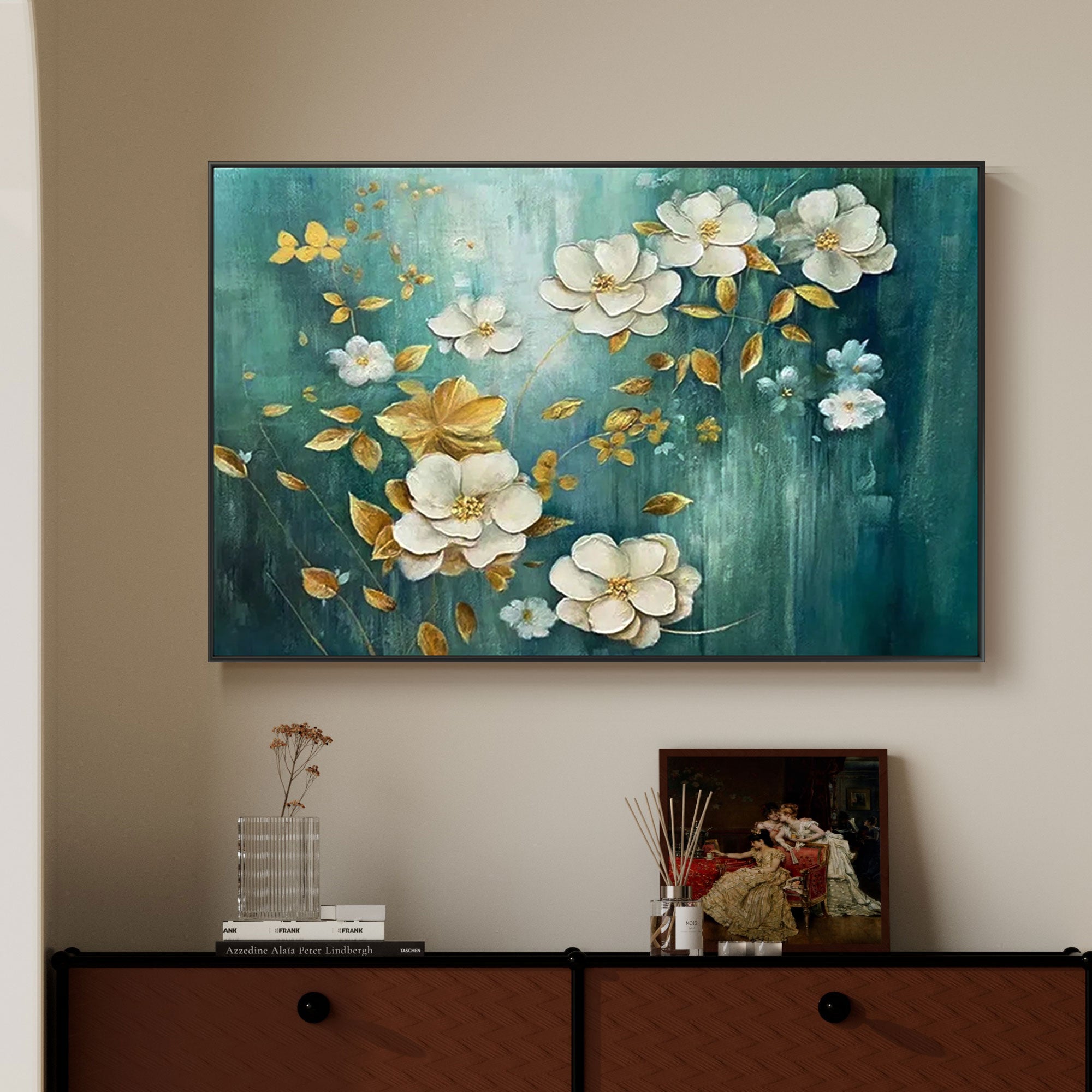 Petaline green and gold floral canvas art above a wood console table decor.