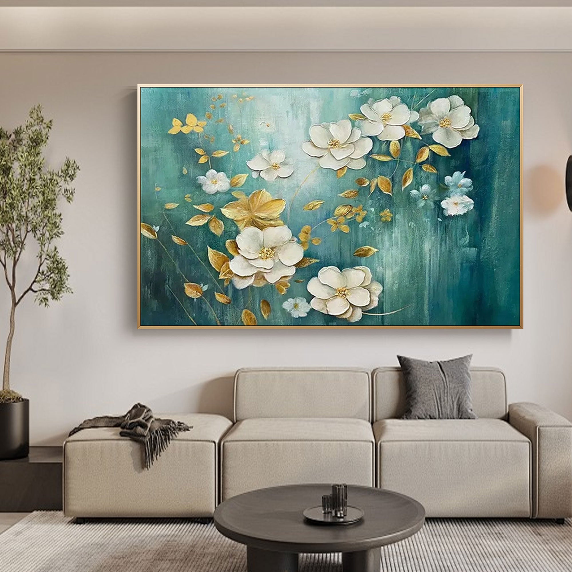 Stylish green and golden floral wall decor for tranquil interior design.