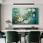 Modern floral wall art, green and gold canvas in a living room setting.